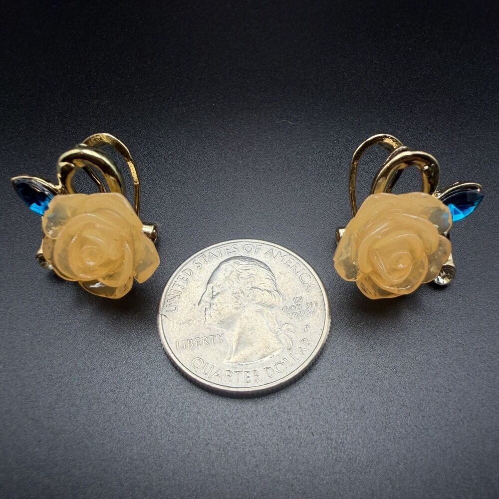 Vintage Celluloid Yellow Rose Flower Earrings Blue Marquise Rhinestone Gold Tone